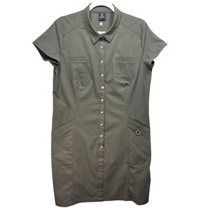 Daily Sports Golf Dress Womens XL Olive Green Snap Front Short Sleeve Pockets